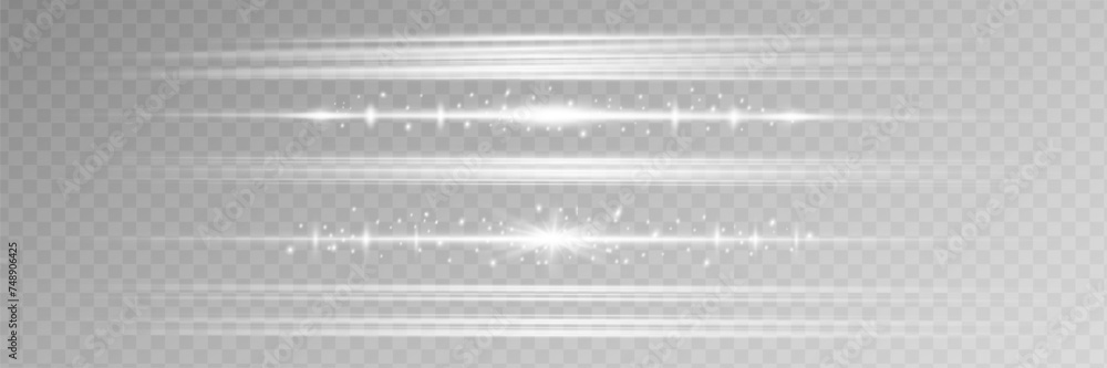 White horizontal lens flares pack. Laser beams, horizontal light rays. Luminous abstract sparkling lined background. - obrazy, fototapety, plakaty 