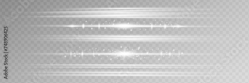 White horizontal lens flares pack. Laser beams, horizontal light rays. Luminous abstract sparkling lined background. photo