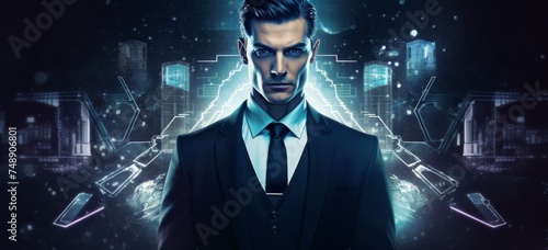 Futuristic Businessman with Digital Interface Background.