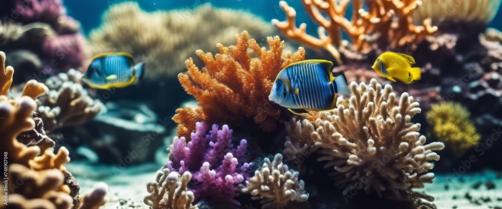 Naklejka premium Wonderful and beautiful underwater world with corals and tropical fish
