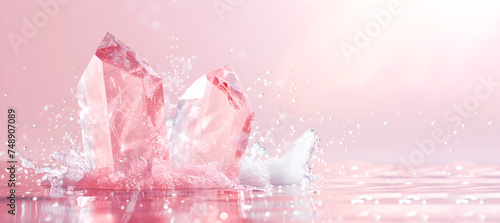 Ice crystals with water splashes on pink background. Mockup for natural cosmetic products