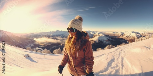 woman snowboarding outdoors in beautiful mountain scene