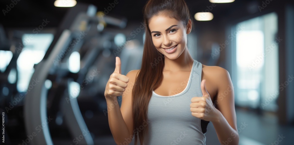 Fototapeta premium young fitness woman showing thumbs up showing thumbs up at gym
