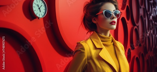 woman walking in front of clock while wearing sunglasses