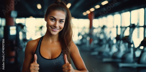 young fitness woman showing thumbs up showing thumbs up at gym