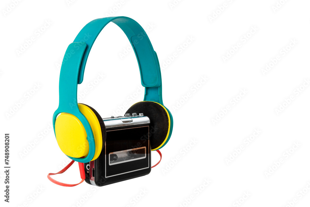 portable cassette walkman from the 90s with headphones, isolated, copy place portable cassette walkman from the 90s with headphones, isolated, copy place