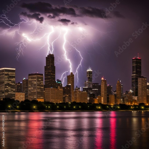 Chicago city skyline at night with lightning strikes in a thunderstorm 