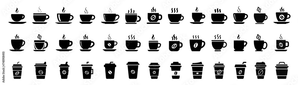 Coffee cup icons set. Cups of coffee tea collection. Cup coffe with steam.