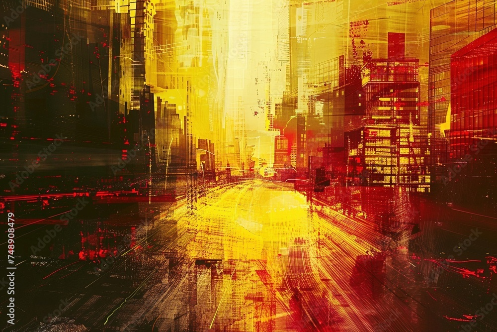 Vibrant abstract cityscape featuring shades of red and yellow