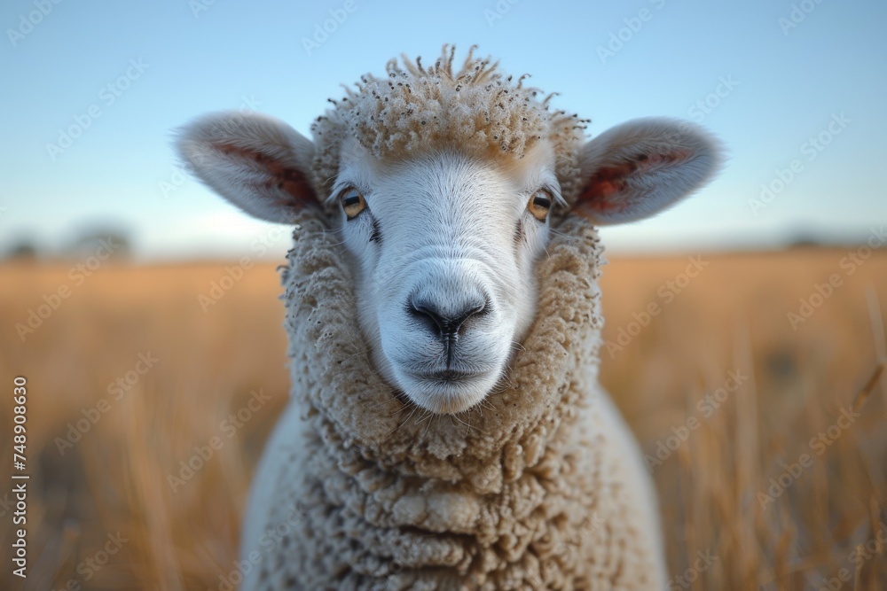 A front-facing portrait of a sheep, capturing its innocence and the pastoral serenity of farm life