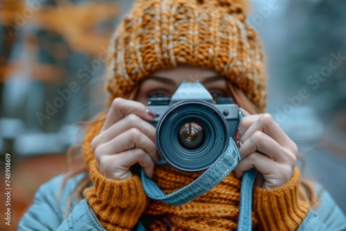 Close-up of a woman in winter attire focusing a camera lens, capturing the essence of photography and adventure in the outdoors