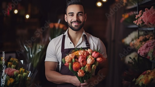 Portrait of an attractive cheerful guy with a bouquet of flowers giving you tulips