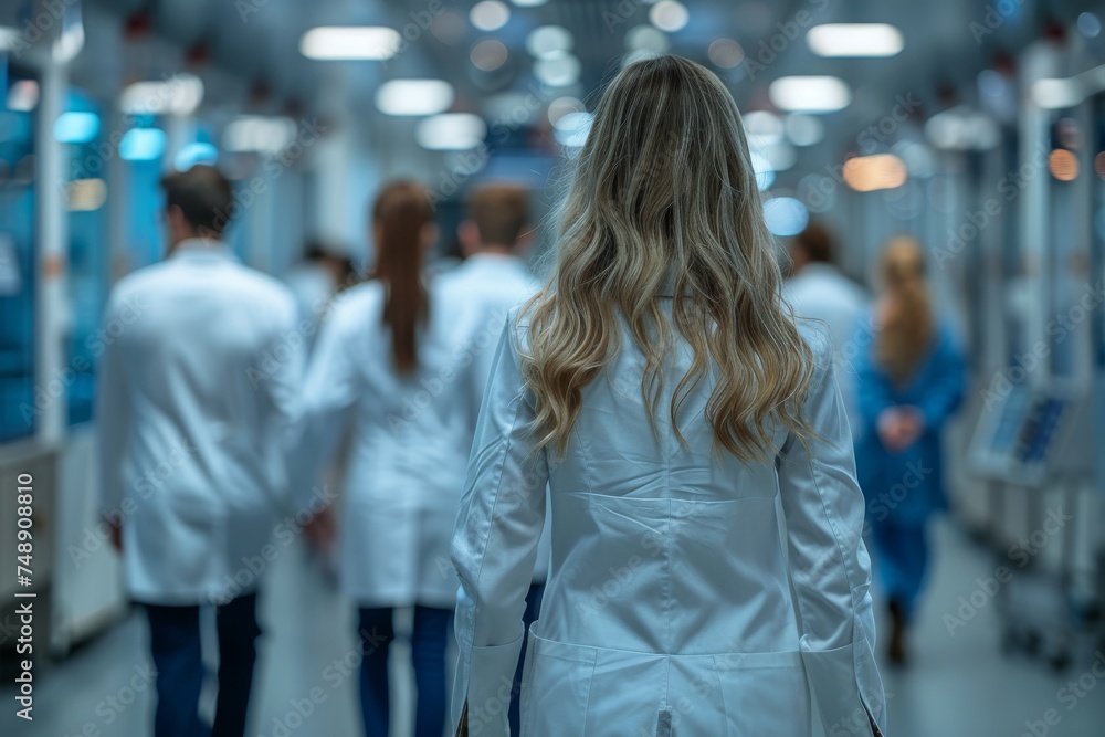 Rear view of a blonde female scientist walking in a modern, high-tech laboratory environment Rear view of a blonde female scientist walking in a modern, high-tech laboratory environment