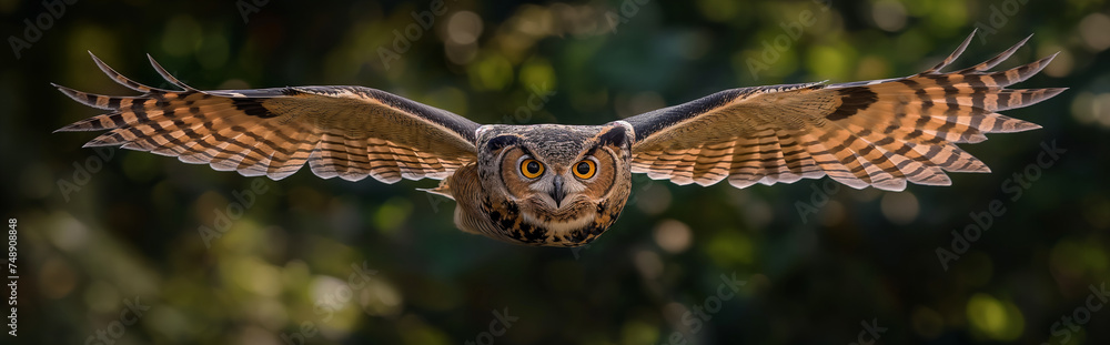 Obraz premium Owl spread wings flying.Panorama view. Generative AI