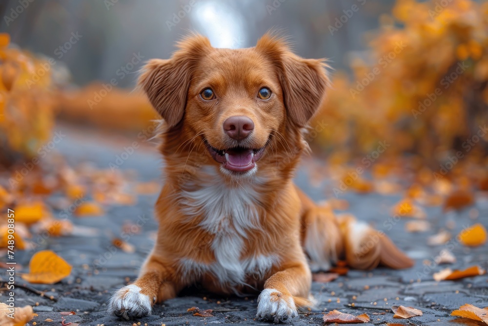 A cheerful brown dog lies on a path covered with fallen autumn leaves, tongue out and joyful