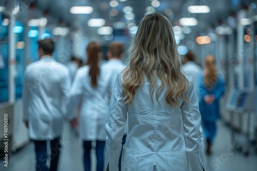 Rear view of a blonde female scientist walking in a modern, high-tech laboratory environment