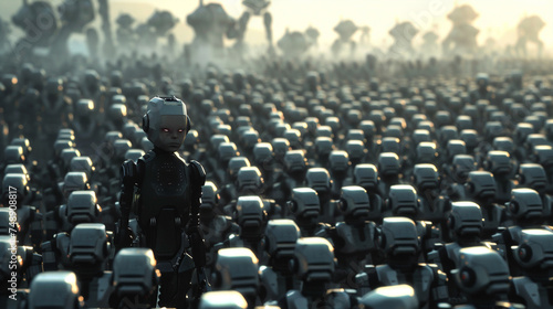 A lone human amidst a sea of robots, capturing the stark contrast between warmth and cold metal, in a sprawling dystopian city