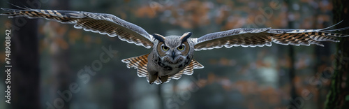 Owl spread wings flying.Panorama view. Generative AI