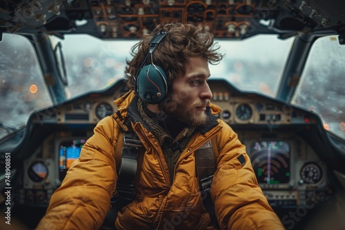 A focused male pilot dressed in a yellow jacket sits in the cockpit, looking out onto the runway