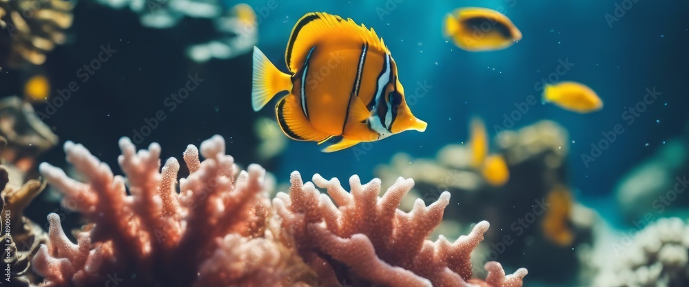 Wonderful and beautiful underwater world with corals and tropical fish - obrazy, fototapety, plakaty 