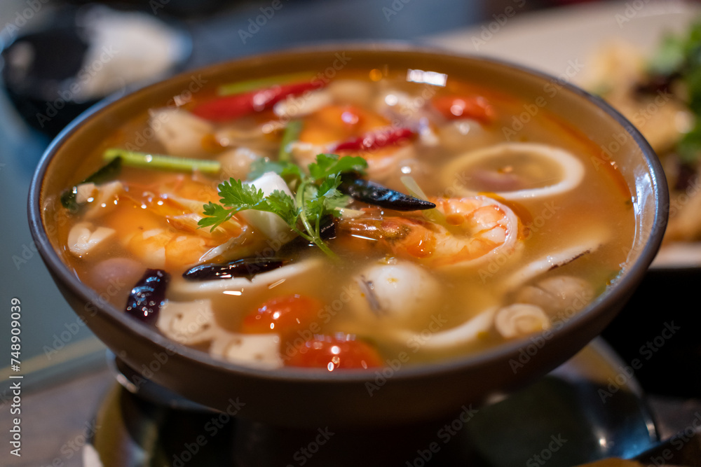 Tom yum, Thai Seafood spicy soup in bowl. Tom yum, Thai Seafood spicy soup in bowl.
