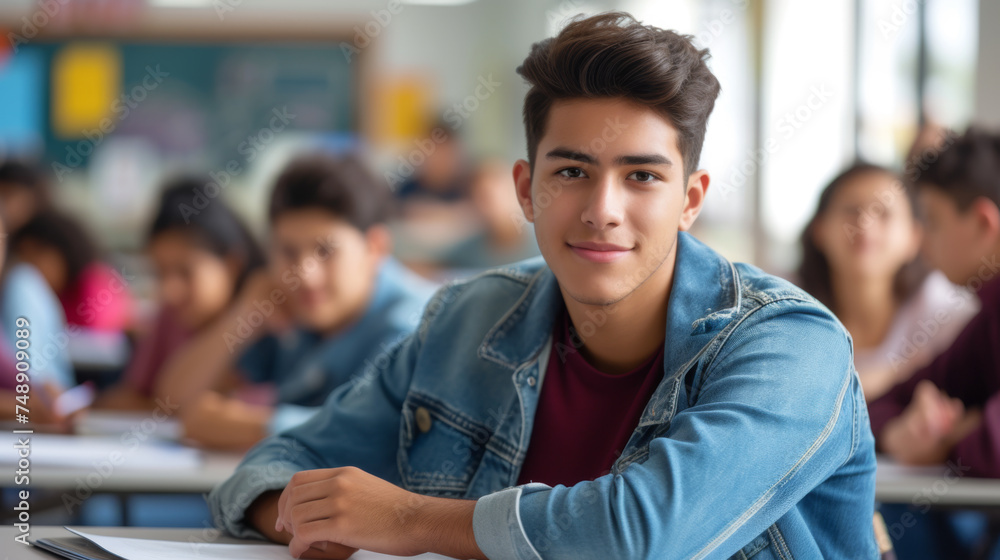 A confident student wearing a denim jacket sits at a desk in a classroom, smiling directly at the camera with his classmates engaged in their studies around him. A confident student wearing a denim jacket sits at a desk in a classroom, smiling directly at the camera with his classmates engaged in their studies around him.