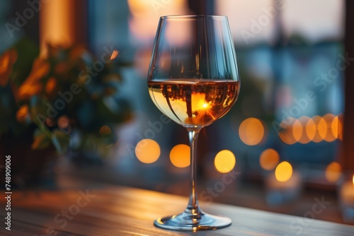 A sophisticated wine glass filled with wine reflecting the orange city lights, creating a cozy, intimate atmosphere