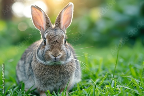 A detailed close-up of a rabbit with big furry ears and whiskers sitting in a field of green grass illuminated by sunlight © svastix