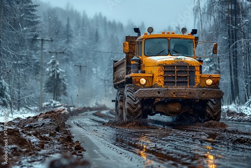 Heavy-duty yellow construction truck navigating through a muddy forest road in a snowy landscape