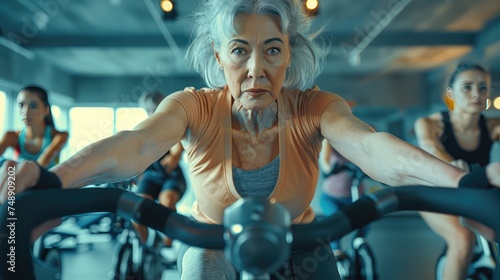 Senior Woman's Determination at Fitness Class, focused senior woman with grey hair exercises on a stationary bike in a group fitness class, embodying active aging and health © Viktorikus