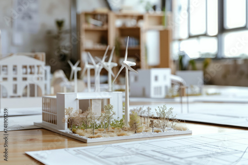 Wind turbines and models of houses on an architectural layout. Environmental care and green energy. Renewable energy development project © Lazy_Bear