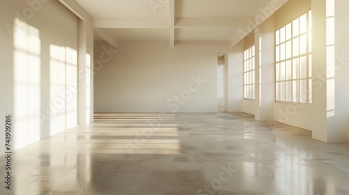 A spacious empty room interior background featuring a minimalist design with clean lines, neutral colors, and abundant natural light