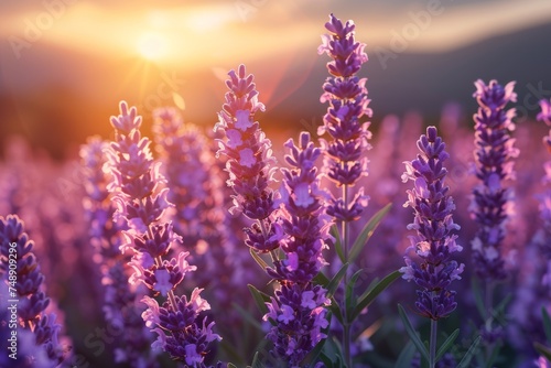 A vibrant lavender field blooms under the serene light of a sunset, symbolizing peace and the beauty of nature © svastix