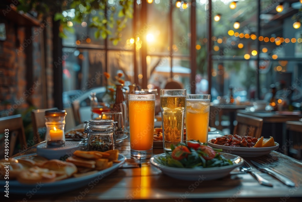 Warm lighting enhances the inviting ambiance of a cozy evening shared over drinks and appetizers at a rustic outdoor table Warm lighting enhances the inviting ambiance of a cozy evening shared over drinks and appetizers at a rustic outdoor table