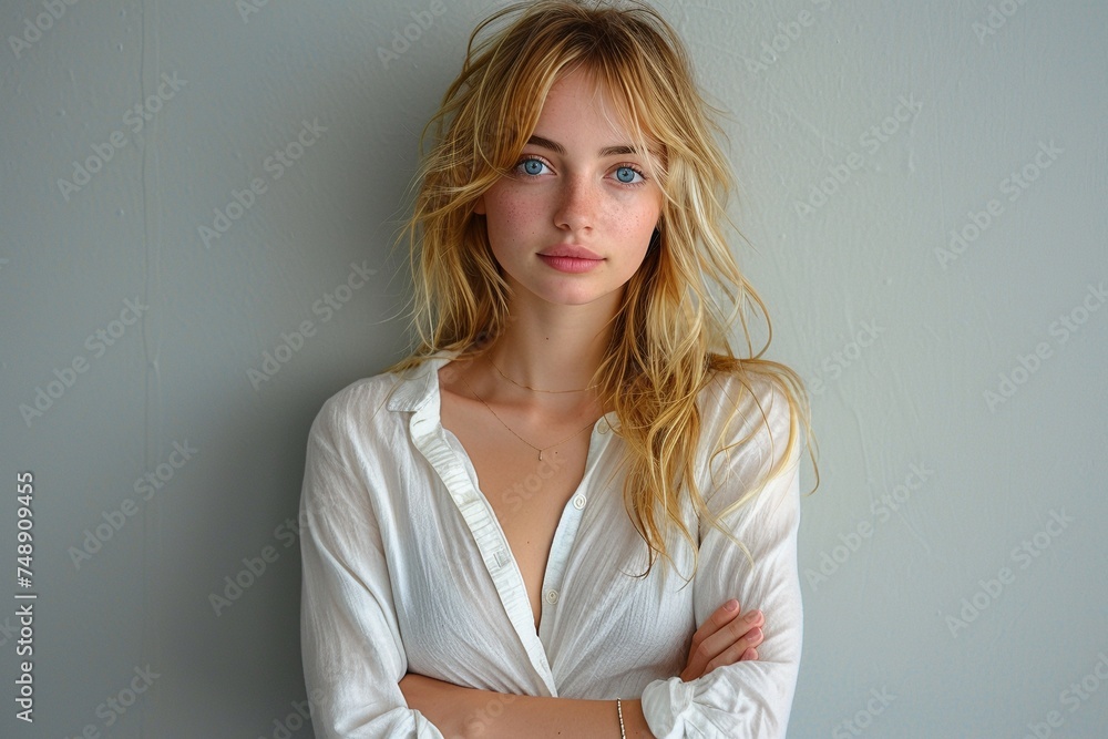An attractive young woman, around 25, flaunting chic, flowing blonde hair, donning a crisp white blouse, and mesmerizing blue eyes plain grey background An attractive young woman, around 25, flaunting chic, flowing blonde hair, donning a crisp white blouse, and mesmerizing blue eyes plain grey background