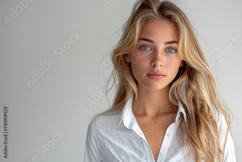 An attractive young woman, around 25, flaunting chic, flowing blonde hair, donning a crisp white blouse, and mesmerizing blue eyes plain grey background