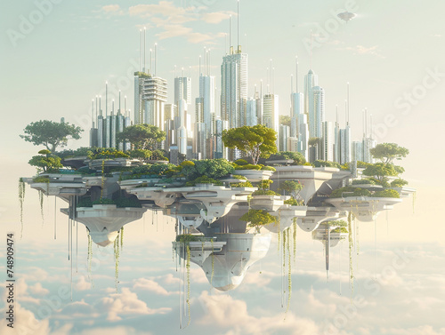 Startup dreamscape floating islands with futuristic cities clear sky for copy space surreal and photorealistic #748909474