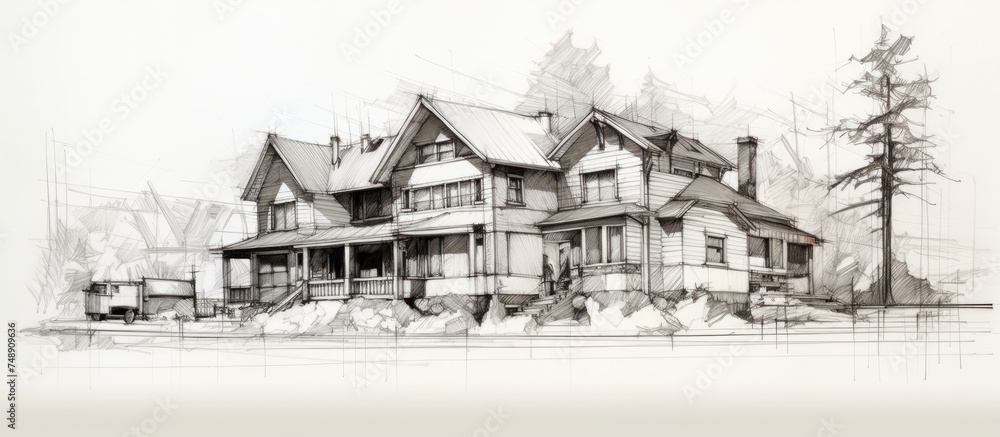 A detailed sketch of a house standing in the foreground, with a row of trees stretching out in the background. The house is simple in design, with a pitched roof and windows.