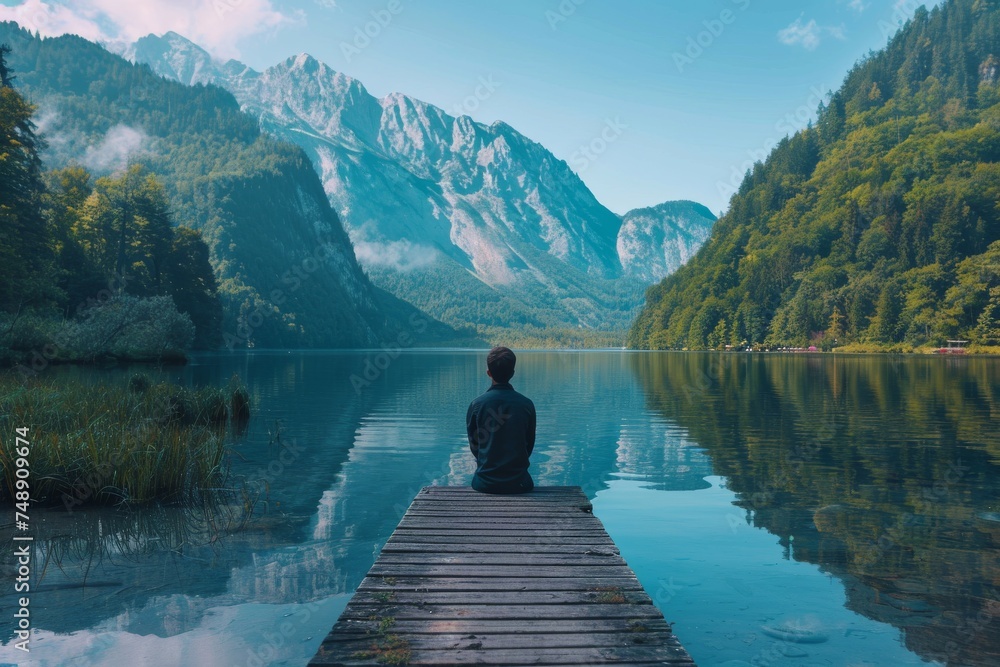 A serene scene with a person sitting on a wooden pier, gazing at majestic mountains and a calm lake