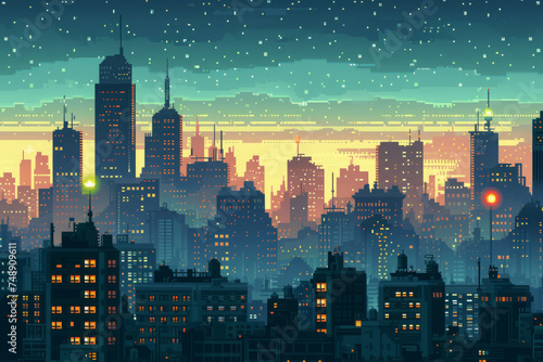 Pixel Art City, Cityscape crafted in retro pixel art style. Vibrant colors and blocky shapes evoke nostalgia. Digital art and vintage gaming aesthetics. photo