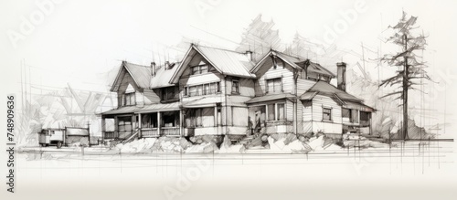 A detailed sketch of a house standing in the foreground, with a row of trees stretching out in the background. The house is simple in design, with a pitched roof and windows.