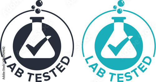 Lab tested sign in 2 variations - circular certificated proven stamp with check mark and laboratory flask in monochrome style 