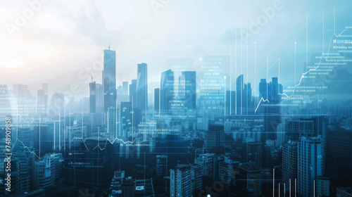 cityscape with modern skyscrapers and overlaid financial graphs, symbolizing the bustling economy and the stock market.