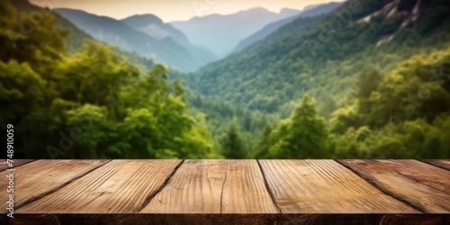 The empty wooden brown table top with blur background of trekking path. Exuberant image. generative AI