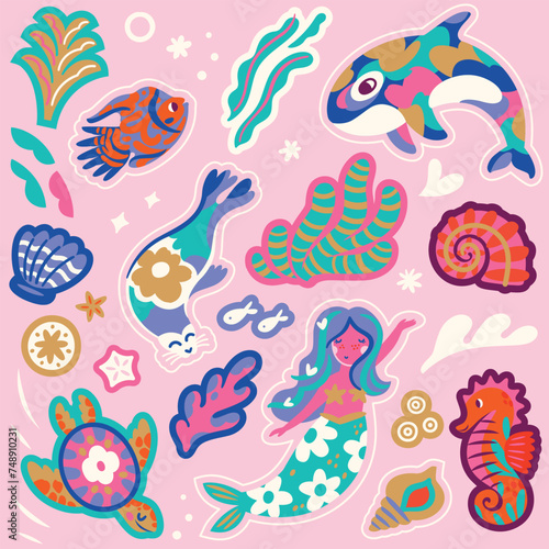 Sticker collection of wonderful whimsical ocean creatures. Yogurt palette. Vector illustration © penguin_house