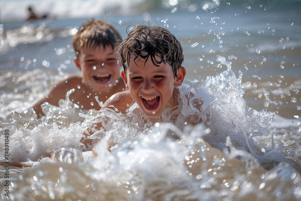 Obraz premium Joyful Children Playing in Seashore Waves During Summer