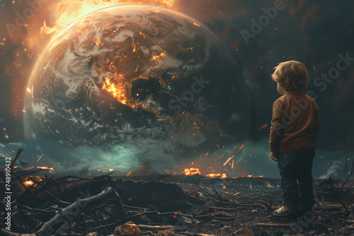 Young Child Gazing at a Fiery Apocalypse With Earth in View