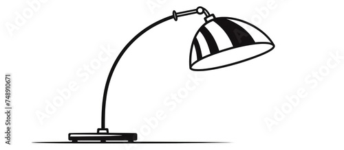 A detailed black and white drawing showcasing a desk lamp icon. The lamp is depicted in a classic style  with a base  stand  and shade. The lines and shading give a realistic impression of the lamps