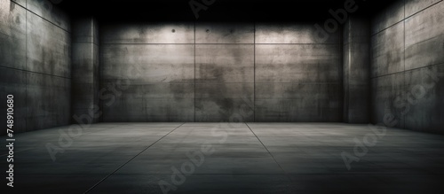 The stark black and white room features a barren concrete wall, creating an atmosphere of emptiness. The space is devoid of any furniture or decor, highlighting the simplicity of the architecture.