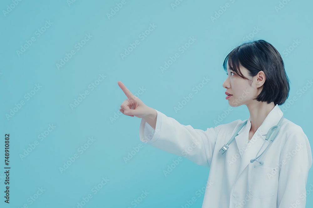 Smiling asian woman doctor showing a finger to the camera Smiling asian woman doctor showing a finger to the camera